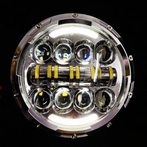 7 Inch LED Headlight Dual Color DRL Ring for Royal Enfield Bike Mahindra Thar Jeep (55W, White & Amber Light, Single Unit)